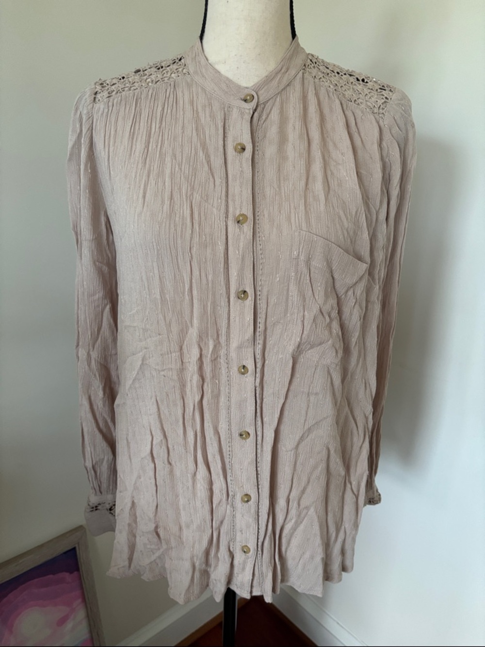 Free People Beige Button-Down Crochet Shoulder and Back Panel Shirt Small